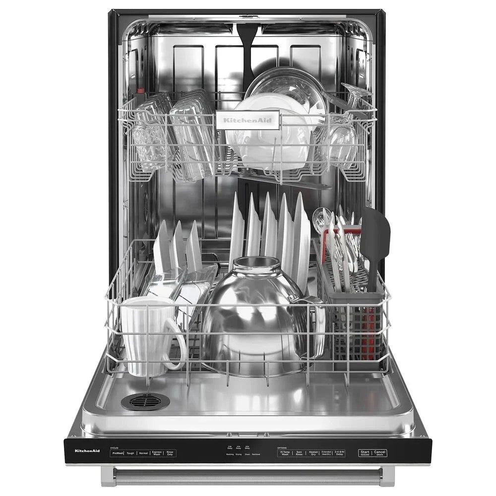 Casavibeo KitchenAid 24-inch built-in dishwasher in PrintShield stainless steel with 30 wash jets and fully integrated design.