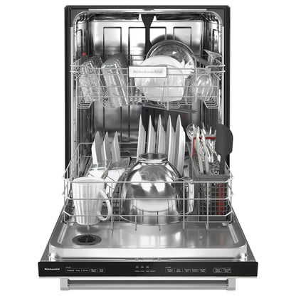 Casavibeo KitchenAid 24-inch built-in dishwasher in PrintShield stainless steel with 30 wash jets and fully integrated design.