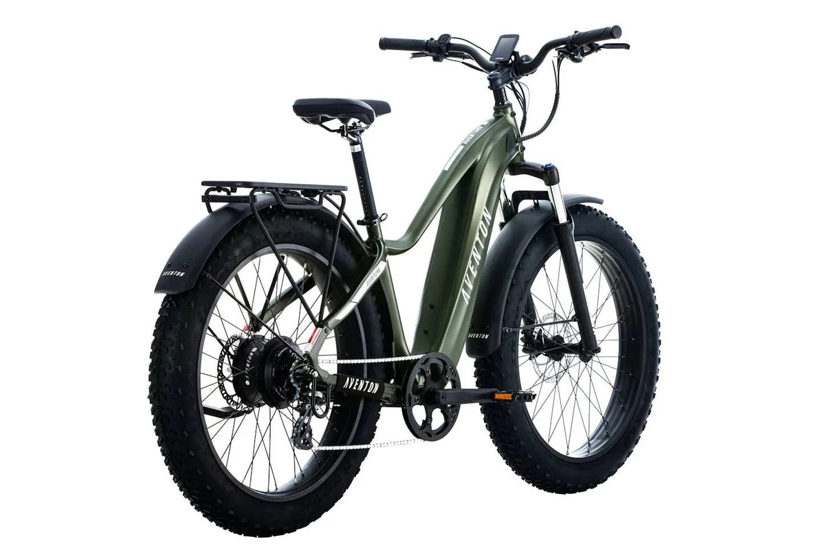 Casavibeo Aventon Aventure 2 electric bicycle with black frame and sleek design, displayed outdoors on a city street.