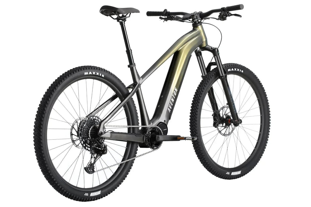 Casavibeo Aventon Ramblas electric mountain bike with black frame, knobby tires, and suspension fork on rugged trail