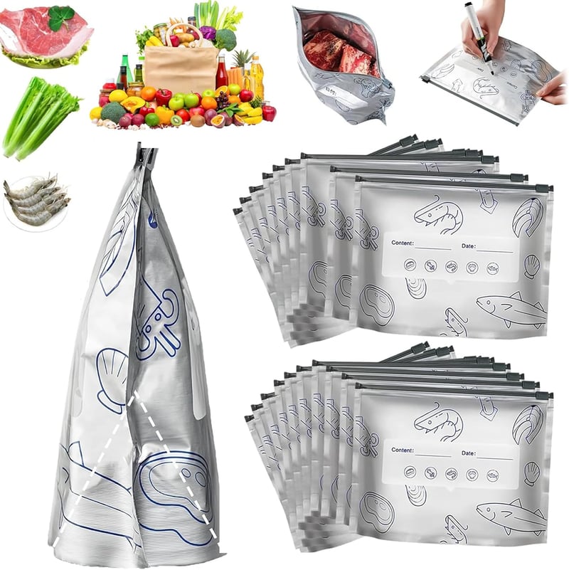 Reusable aluminum foil food storage bags by Mivoza, showing airtight, eco-friendly kitchen storage bags in a close-up shot.