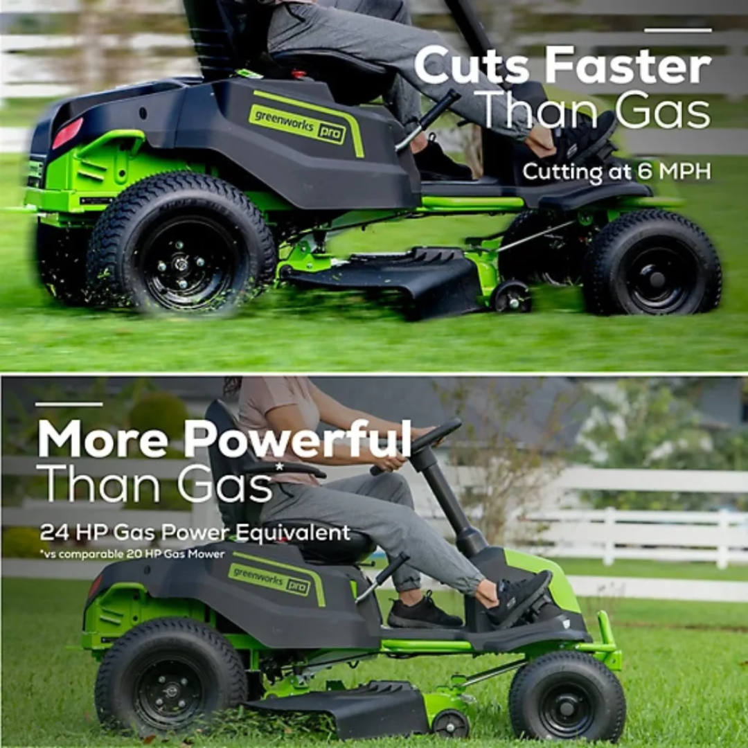 Greenworks Pro 42-inch 60V cordless electric riding lawn mower with a Casavibeo branding, showing the mower's cutting deck and control panel.