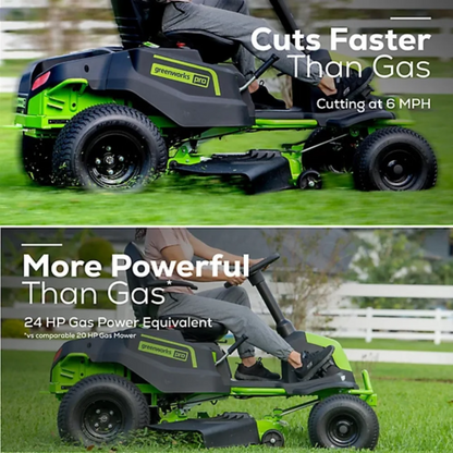 Greenworks Pro 42-inch 60V cordless electric riding lawn mower with a Casavibeo branding, showing the mower's cutting deck and control panel.
