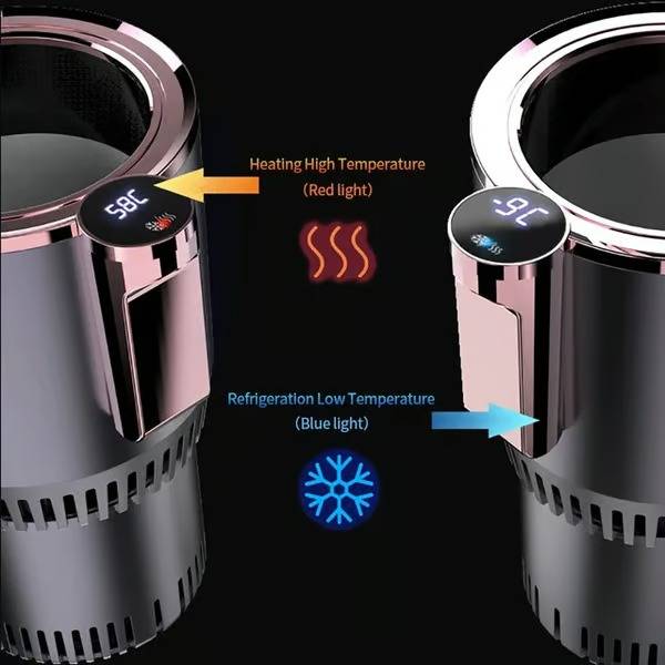 Belro smart car cup holder with cold and warm beverage options, designed for use in vehicles.