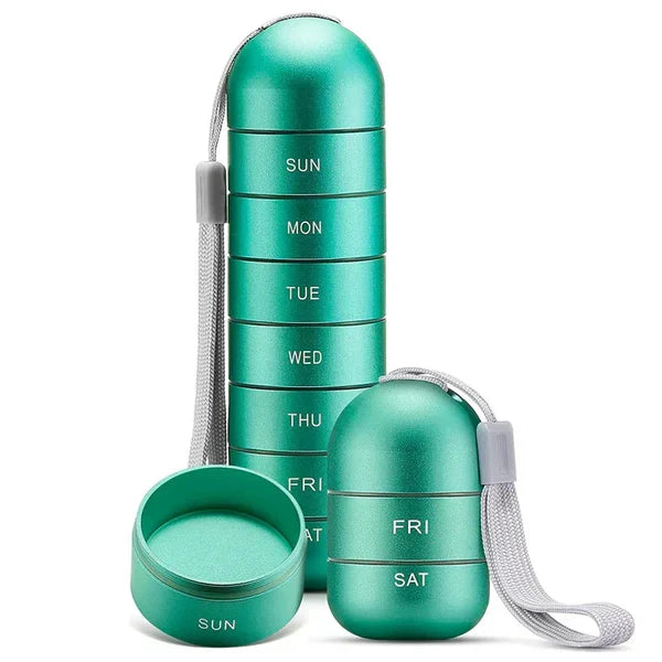 Belro aluminum 7-day portable pill organizer for travel, compact pill box container with multiple compartments for daily medication.