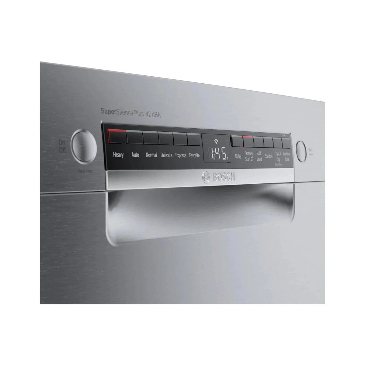 Bosch 800 Series stainless steel top control smart dishwasher with 3rd rack and CrystalDry technology, shown front view.