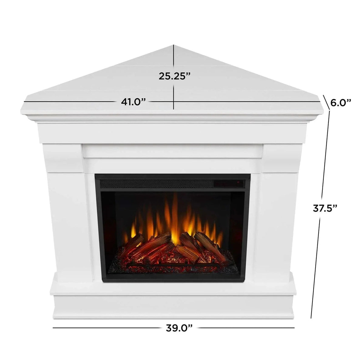 Casavibeo Real Flame Chateau Corner electric fireplace with realistic flame effect and wooden mantel, designed for cozy living spaces.