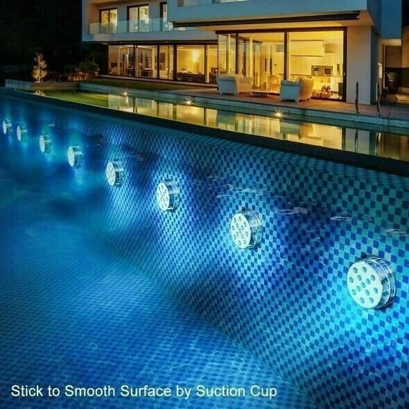 Belro submersible LED pool lights, 10 lamps, illuminating a pool with colorful underwater lighting for outdoor home and garden use.