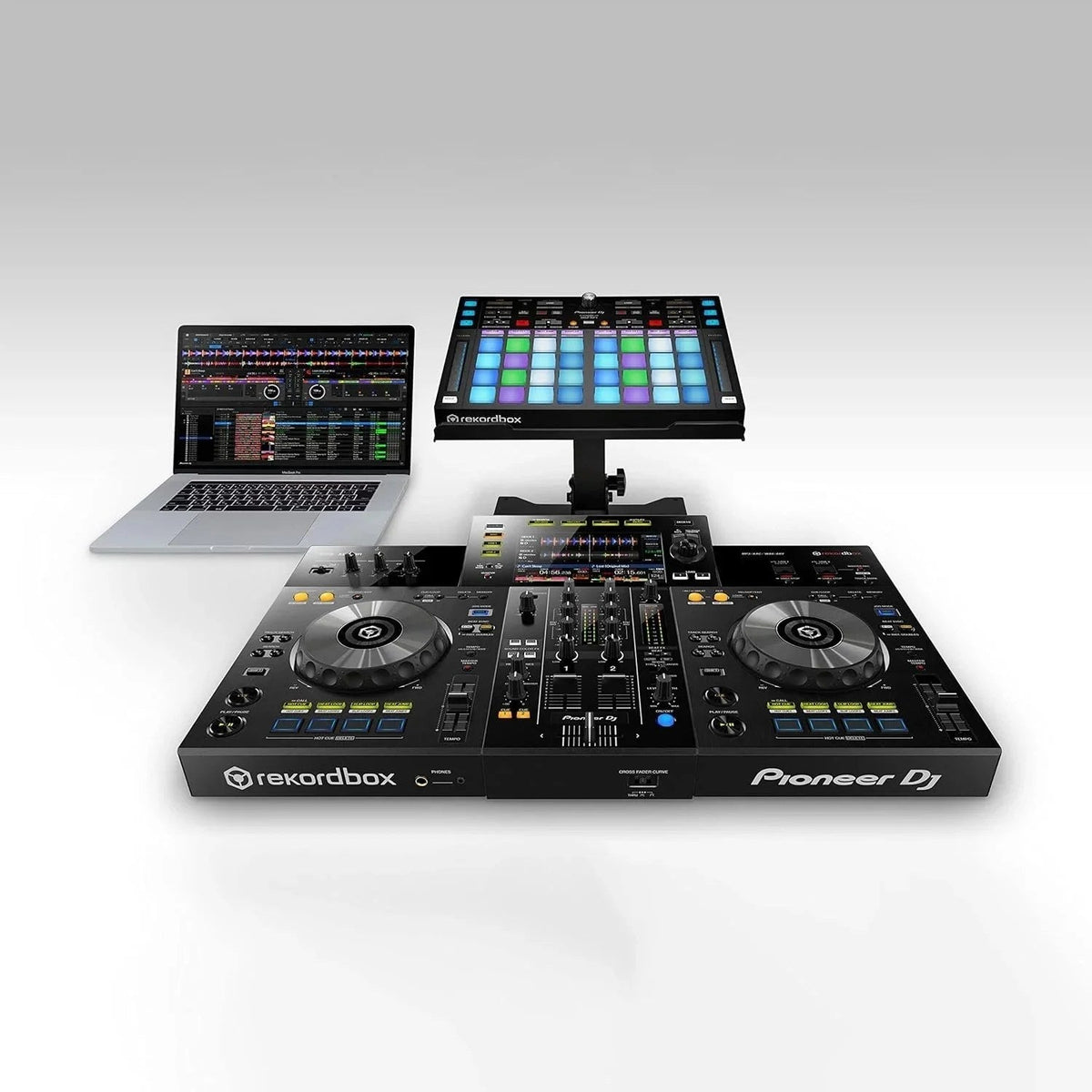 Casavibeo Pioneer DJ XDJ-RR all-in-one DJ system with jog wheels, mixer controls, and colorful LED lighting on a dark background.