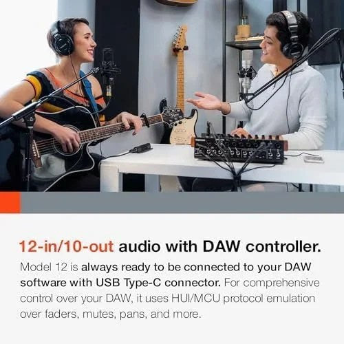 Casavibeo Tascam Model 12 all-in-one 12-track digital multitrack mixer with USB audio interface and DAW controls, showing controls and inputs.
