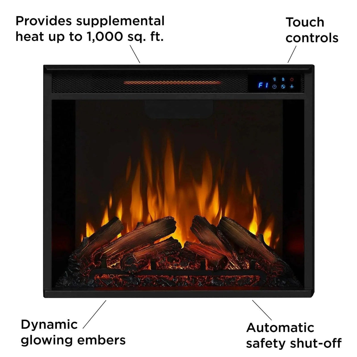 Casavibeo Real Flame Chateau Corner Electric Fireplace with realistic flame effect and modern design, shown in a cozy living room setting.