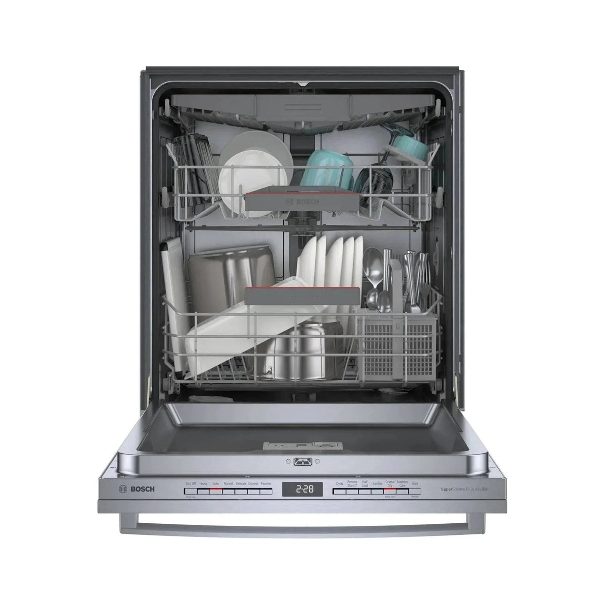 Bosch 800 Series stainless steel top control smart dishwasher with third rack, CrystalDry, and quiet 42 dBa sound level.