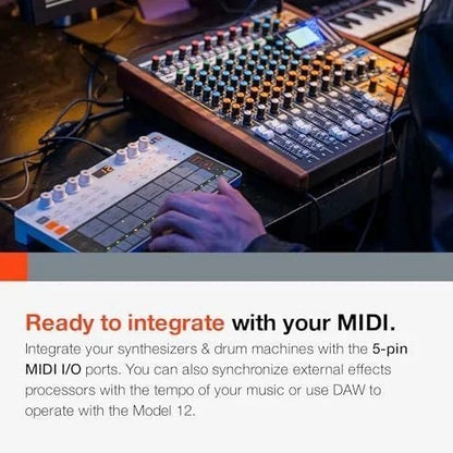 Casavibeo Tascam Model 12 all-in-one 12-track digital mixer with USB audio interface and DAW controller, featuring multiple input channels.
