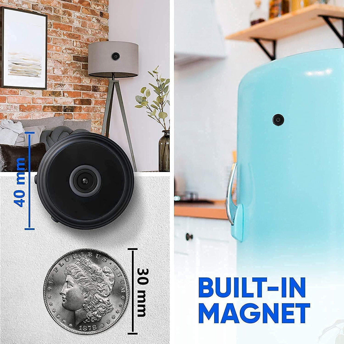 NordisHome compact wireless magnetic security camera with real-time audio and video streaming, mounted on a wall for surveillance.