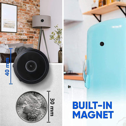 NordisHome compact wireless magnetic security camera with real-time audio and video streaming, mounted on a wall for surveillance.