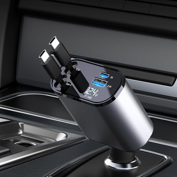 Belro car charger adapter plugged into vehicle's power outlet, compact electronic device for charging smartphones and gadgets.
