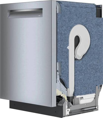 Bosch 800 Series stainless steel top control smart dishwasher with 3rd rack and CrystalDry technology, shown in a modern kitchen.