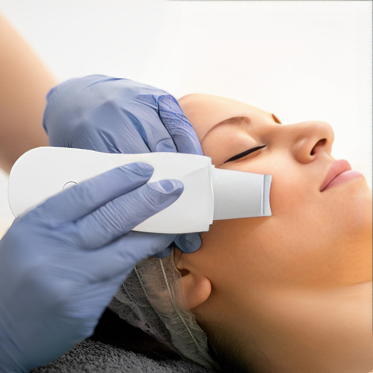 Belro ultrasonic skin scrubber spatula, a skincare tool with a sleek metallic finish, designed for facial cleansing and exfoliation.