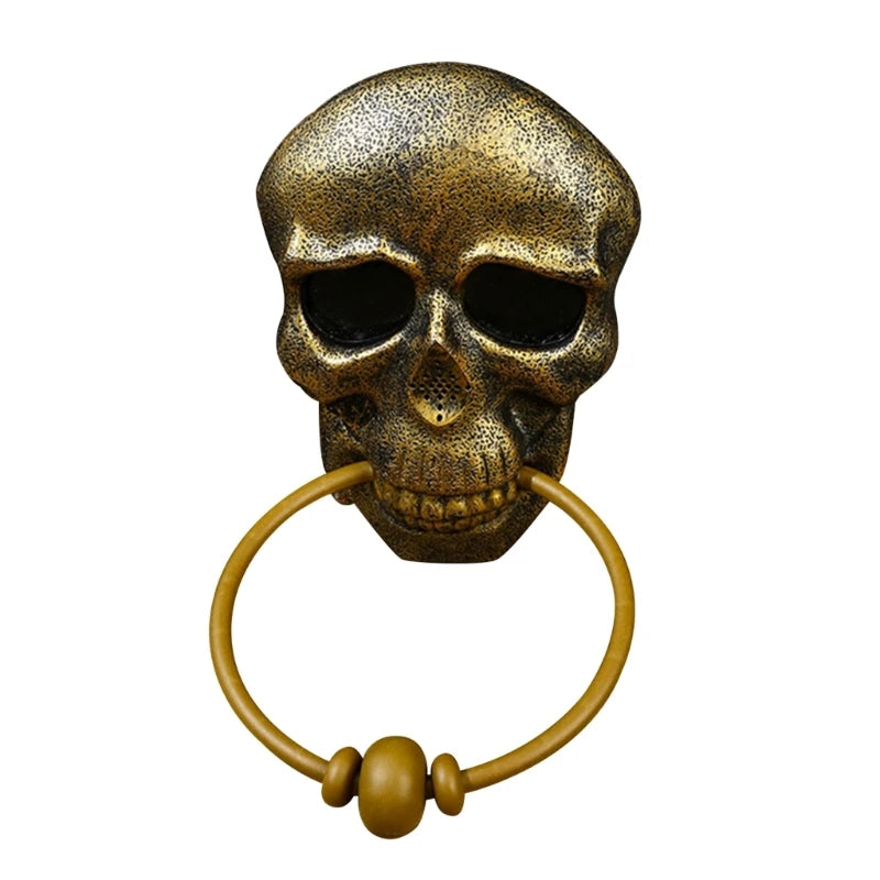 Belro Skeleton Head door knocker for Halloween decoration, featuring a spooky skeleton design on a metal hardware tool.