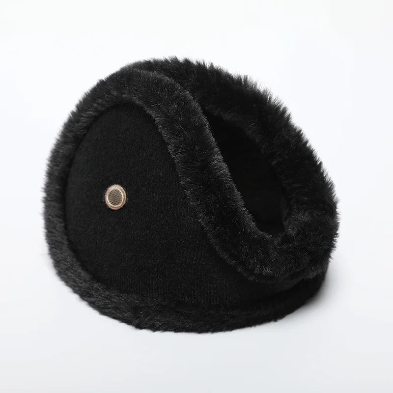Belro plush winter ear muffs with attached earpiece, cozy and stylish for cold weather, shown on a model.