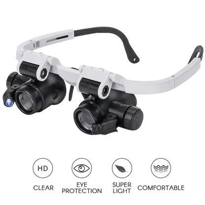 Belro LED glasses magnifier with 8x, 15x, and 23x zoom levels, featuring built-in bright LED lights for detailed viewing.