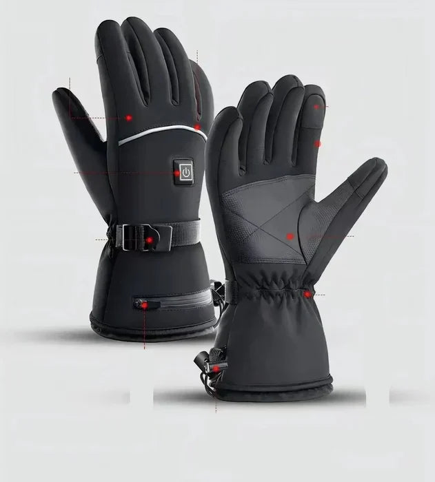 Belro heated motorcycle gloves with touchscreen fingertips, black leather and insulated lining for cold weather riding.