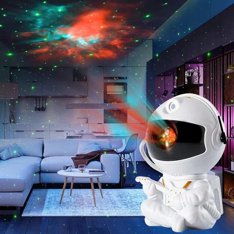Belro Galaxy Light Projector displaying starry night sky projection on a wall in a dimly lit room.