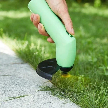 Belro cordless mini weed trimmer in action, designed for men, with a compact and lightweight build for gardening tasks.