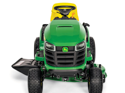 John Deere S100 42-inch 17.5 HP hydrostatic riding lawn tractor with a cutting deck and adjustable seat.