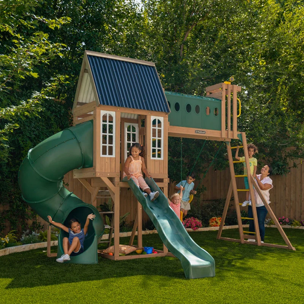 Casavibeo KidKraft Skyway Resort wooden swing set with slides, swings, and climbing features for kids' outdoor play area