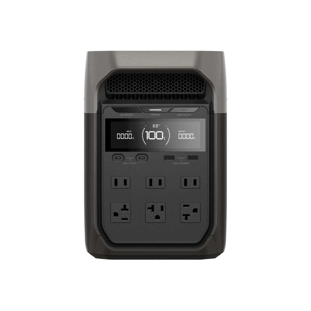 Casavibeo EcoFlow DELTA 3 portable power station with multiple AC outlets and digital display showing battery status.