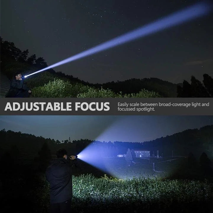 Belro 90000 Lumens Xhp50.2 powerful LED flashlight with bright beam, black body, and rugged design for outdoor lighting.