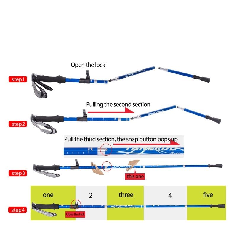 Lightweight foldable trekking poles with adjustable telescopic design and foam grips, ideal for hiking and walking.