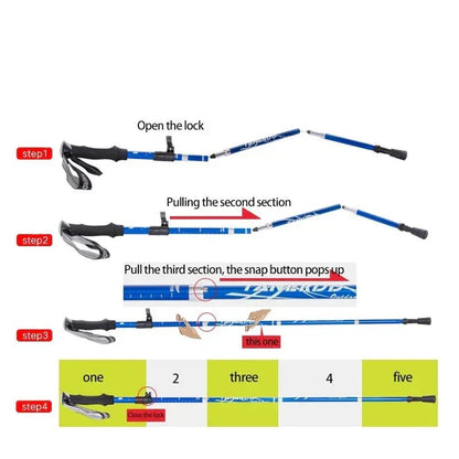 Belro adjustable trekking poles with foldable telescopic design, suitable for outdoor hiking and trekking activities.