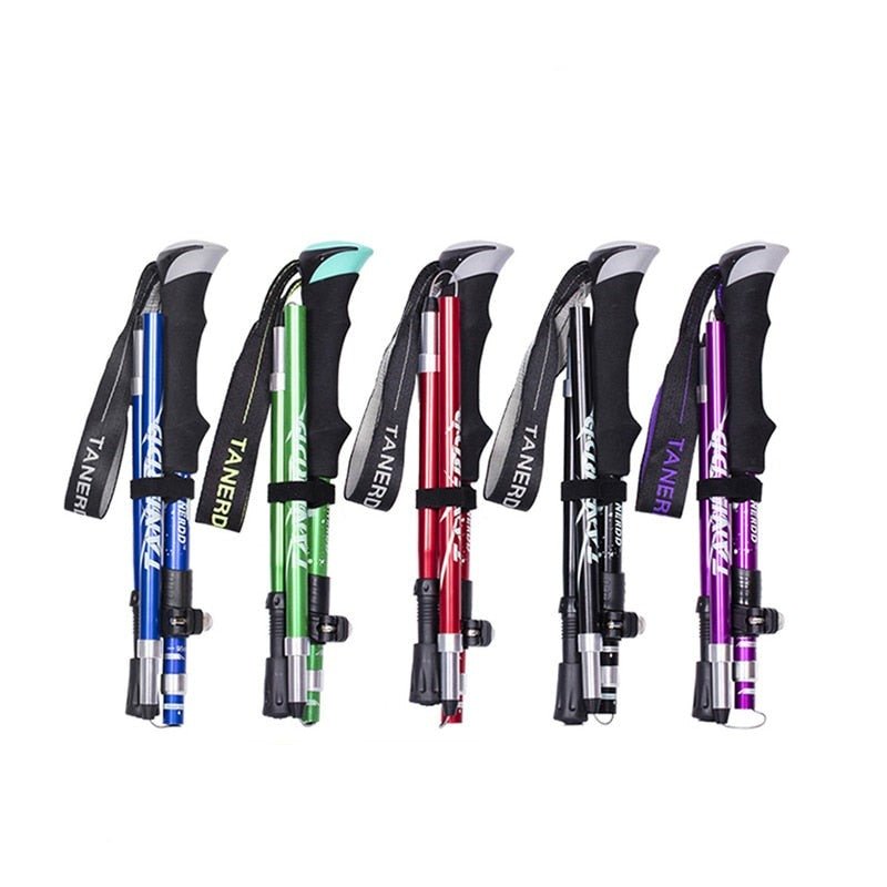 BowLift adjustable trekking poles, lightweight foldable telescopic hiking sticks with ergonomic grips and adjustable length.
