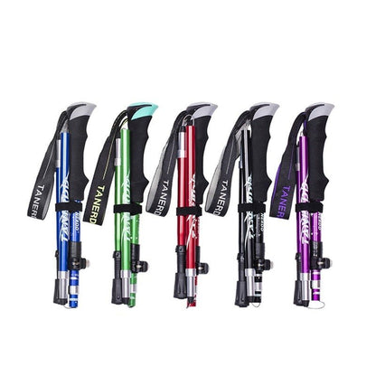 BowLift adjustable trekking poles, lightweight foldable telescopic hiking sticks with ergonomic grips and adjustable length.