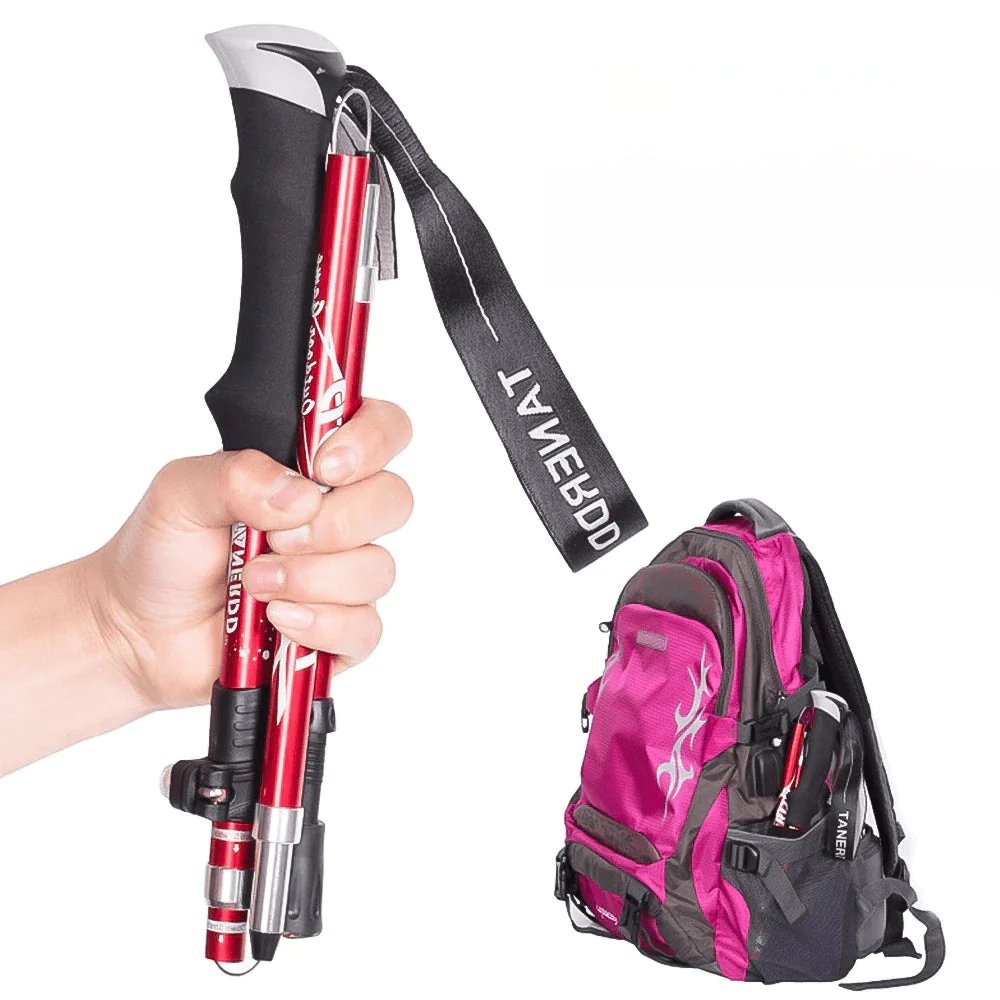 BowLift adjustable trekking poles, lightweight foldable hiking sticks with telescopic design, shown in a natural outdoor setting.