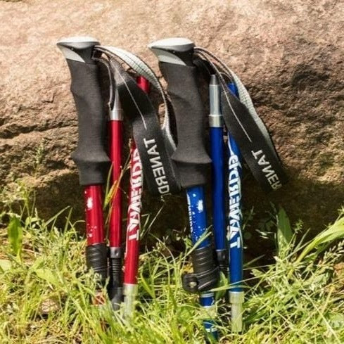 Belro adjustable trekking poles, foldable and telescopic, designed for outdoor hiking with ergonomic grips and secure locking mechanisms.