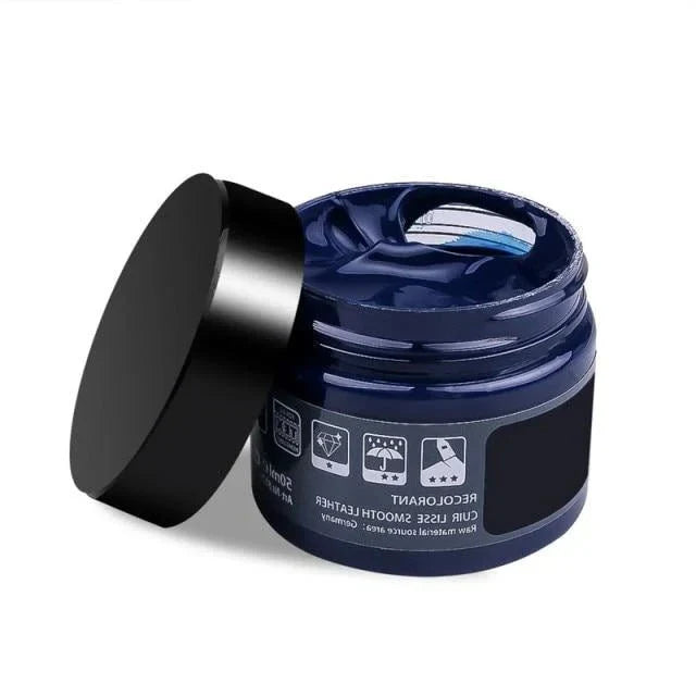 Belro Advanced Leather Repair Gel applied to a leather sofa, showing color-matched repair for leather seats, shoes, and furniture.