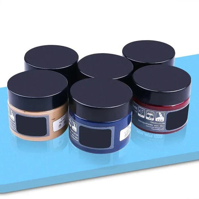Belro Advanced Leather Repair Gel applied to a leather sofa, showing its use for fixing leather seats, shoes, bags, and furniture.