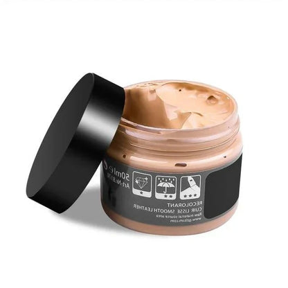 Belro Advanced Leather Repair Gel applied to a leather sofa, showing its use for fixing leather seats, shoes, bags, and furniture.