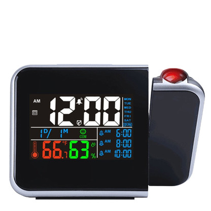 Colorful LED projection clock by Belro displaying time, temperature, humidity, and date on a wall or ceiling in a home setting.
