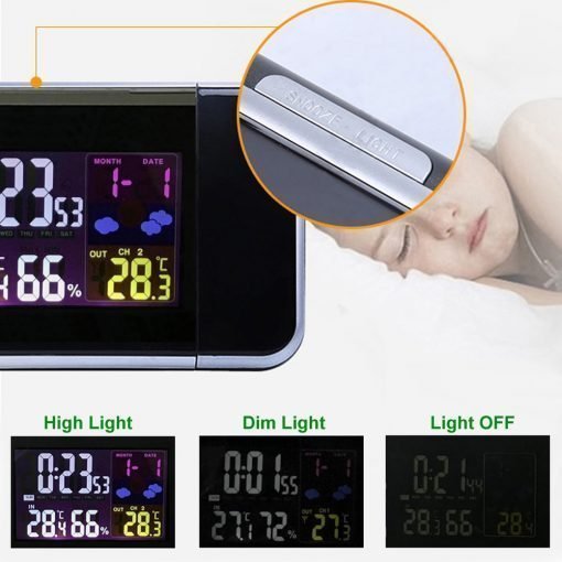 Belro projection clock displaying time on a wall in a modern home, with a sleek design and digital LED display.