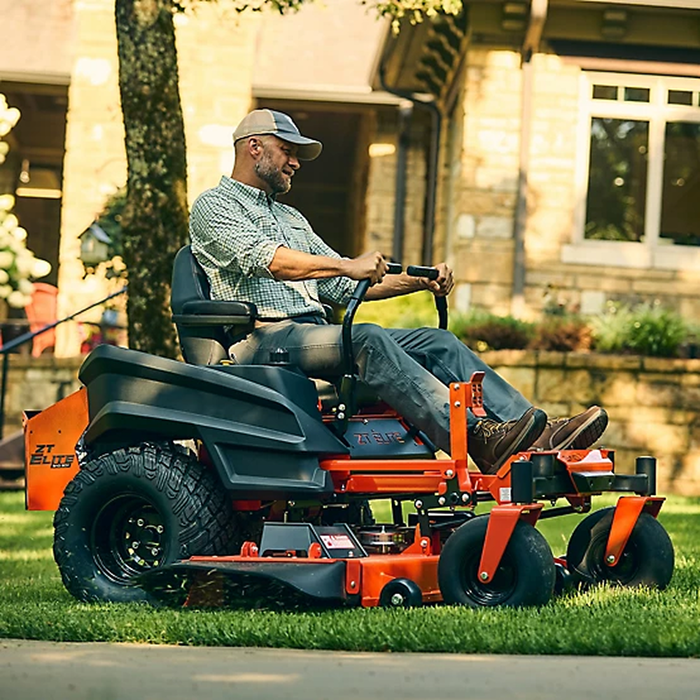 Casavibeo Bad Boy ZT Elite 60-inch gas zero-turn mower with 26 HP engine, featuring a black and red cutting deck and ergonomic controls.