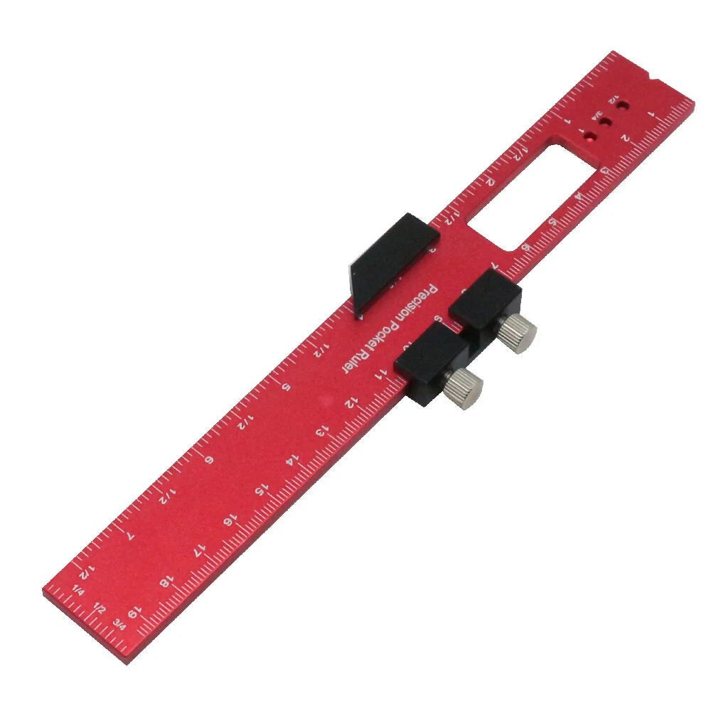 Aluminum precision layout ruler with T-track stops for woodworking, featuring inch and metric scale, by GETDECO.