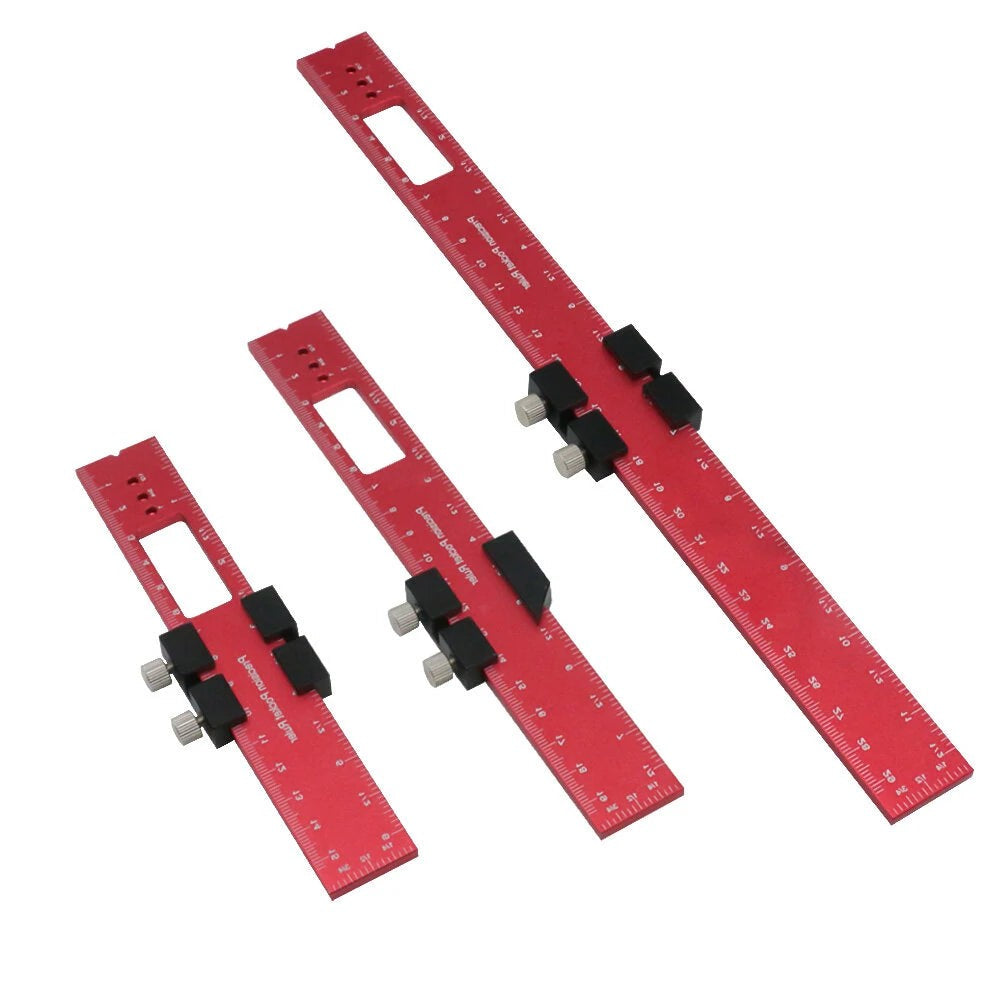 GETDECO aluminum precision layout ruler with T-track stops, inch and metric scale for woodworking and precise measurements.