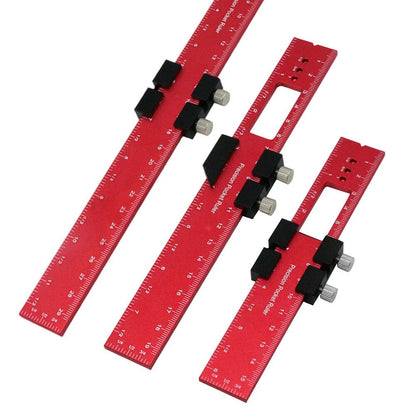 Aluminum precision layout ruler with T-track stops, inch and metric scale, ideal for woodworking and detailed measurement tasks.