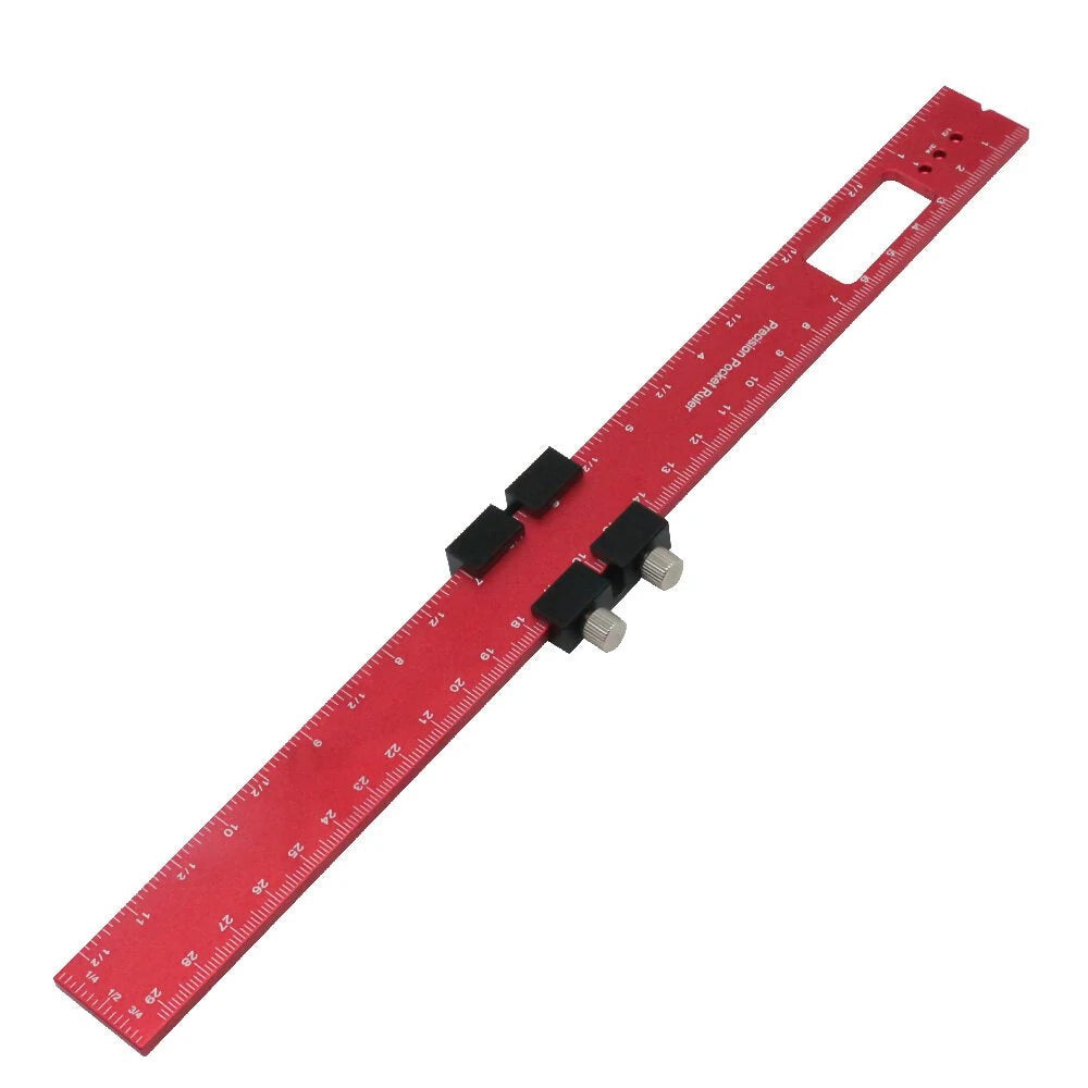 GETDECO aluminum precision layout ruler with T-track stops, featuring inch and metric scales for woodworking and measurement.