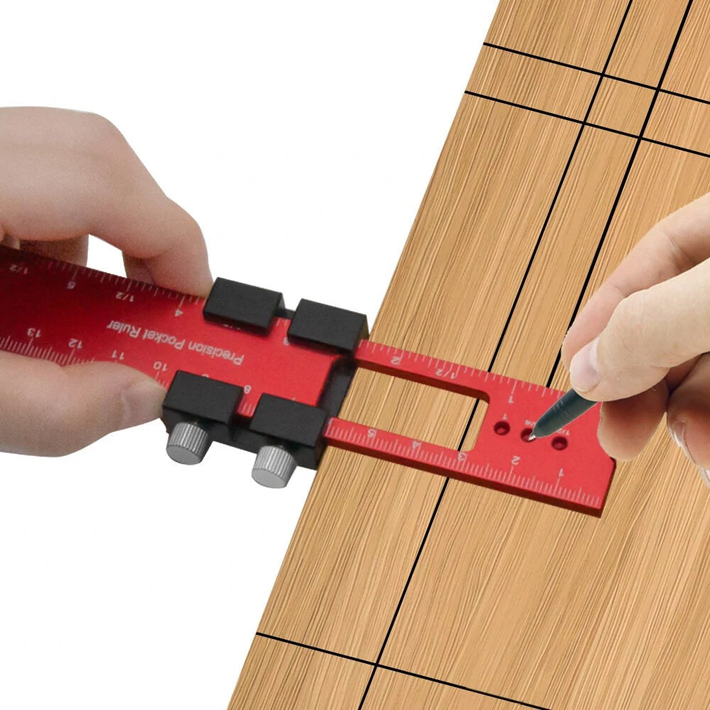 Aluminum precision layout ruler with T-track stops and inch/metric scale, ideal for woodworking and accurate measurements.
