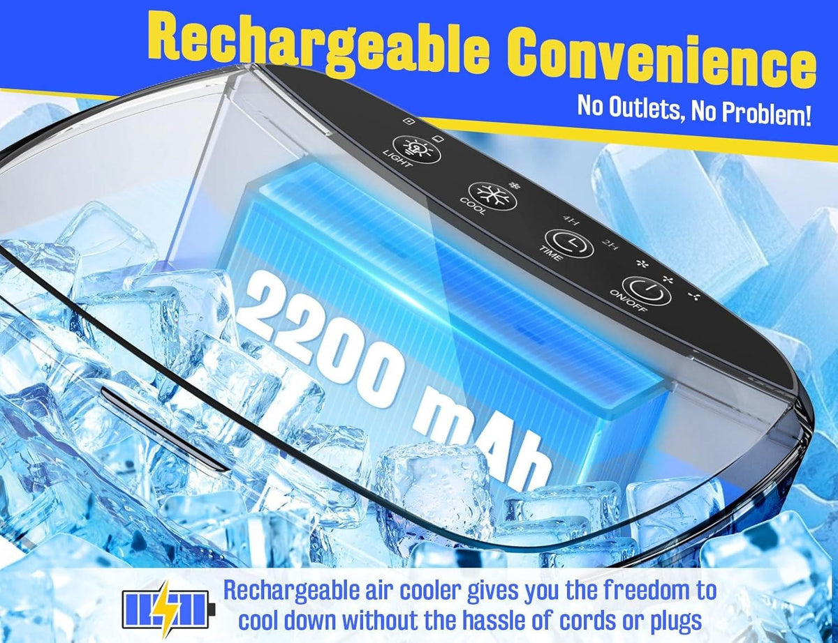 Belro portable evaporative air cooler fan with mist, rechargeable design, showing three speed settings in a home outdoor setting.
